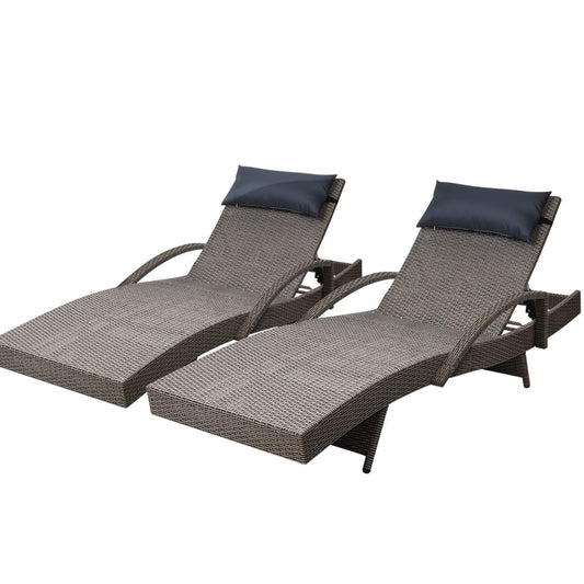 Gardeon Set of 2 Sun Lounge Outdoor Furniture Wicker Lounger Rattan Day Bed Garden Patio Grey