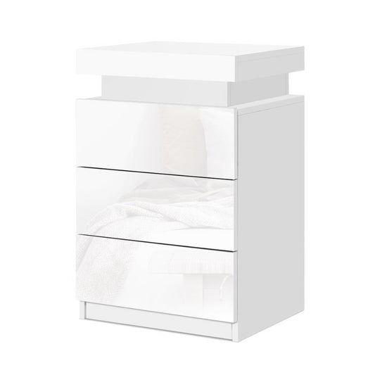 Artiss Bedside Tables Side Table 3 Drawers RGB LED High Gloss Nightstand White