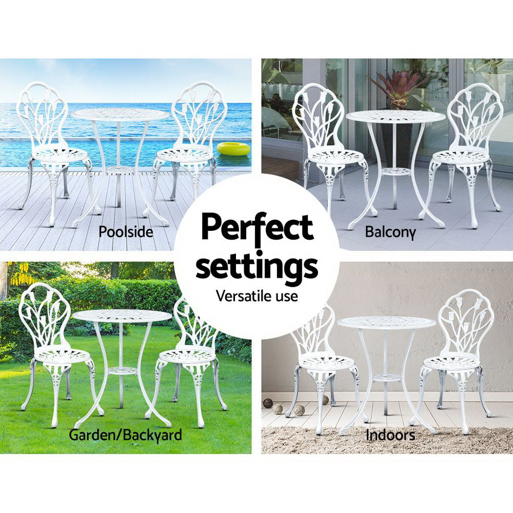 Gardeon 3PC Outdoor Setting Cast Aluminium Bistro Table Chair Patio White