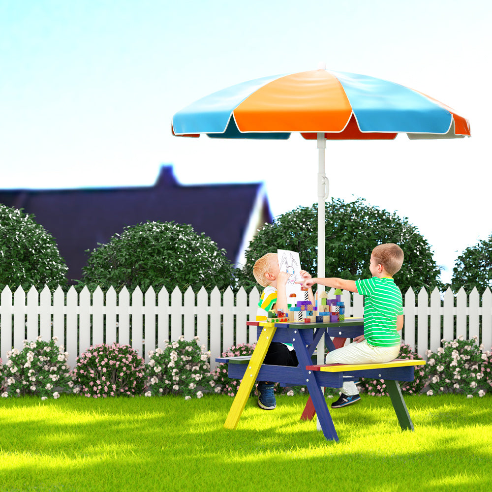 Keezi Kids Outdoor Table and Chairs Picnic Bench Seat Umbrella Colourful Wooden