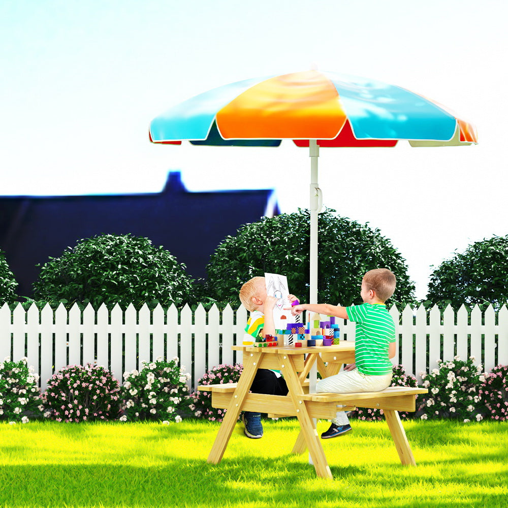 Keezi Kids Outdoor Table and Chairs Picnic Bench Seat Umbrella Children Wooden