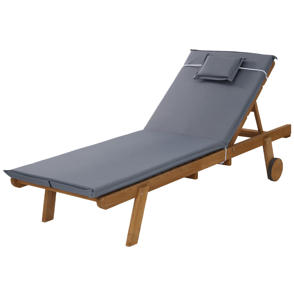 Gardeon Sun Lounge Wooden Lounger Outdoor Furniture Day Bed Wheel Patio Grey