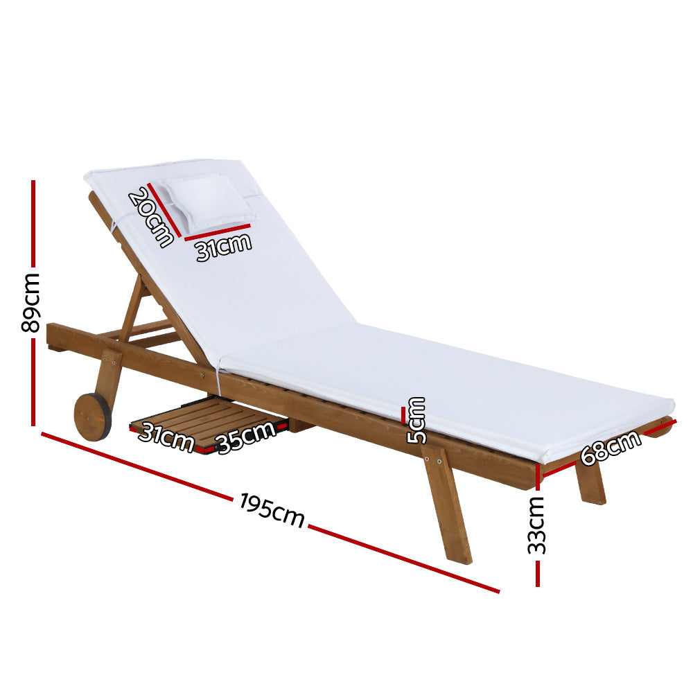 Gardeon Sun Lounge Wooden Lounger Outdoor Furniture Day Bed Wheel Patio White