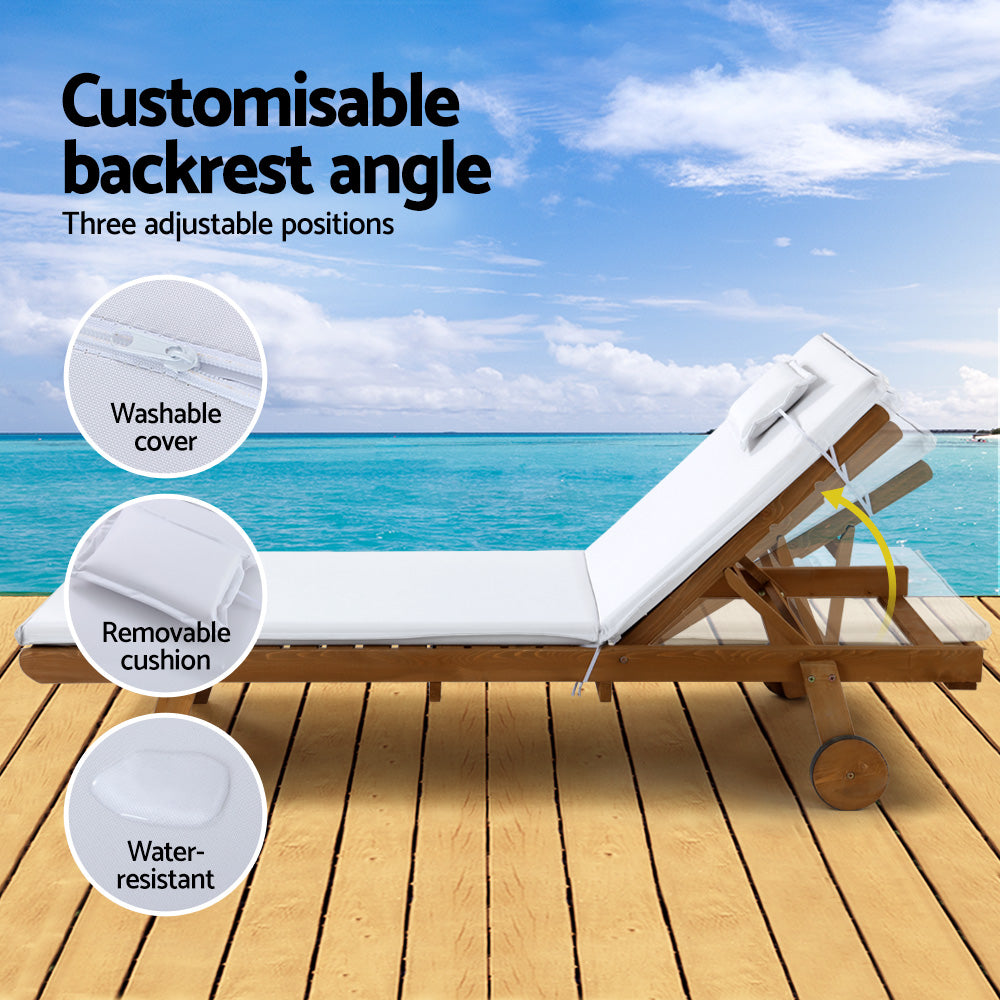 Gardeon Sun Lounge Wooden Lounger Outdoor Furniture Day Bed Wheel Patio White