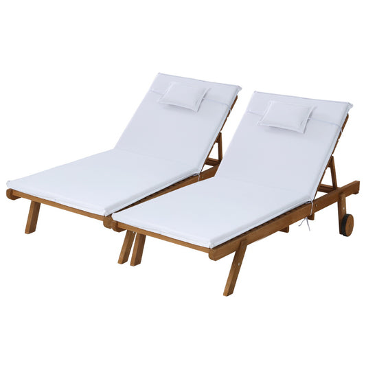 Gardeon 2pc Sun Lounge Wooden Lounger Outdoor Furniture Day Bed Wheel Patio White