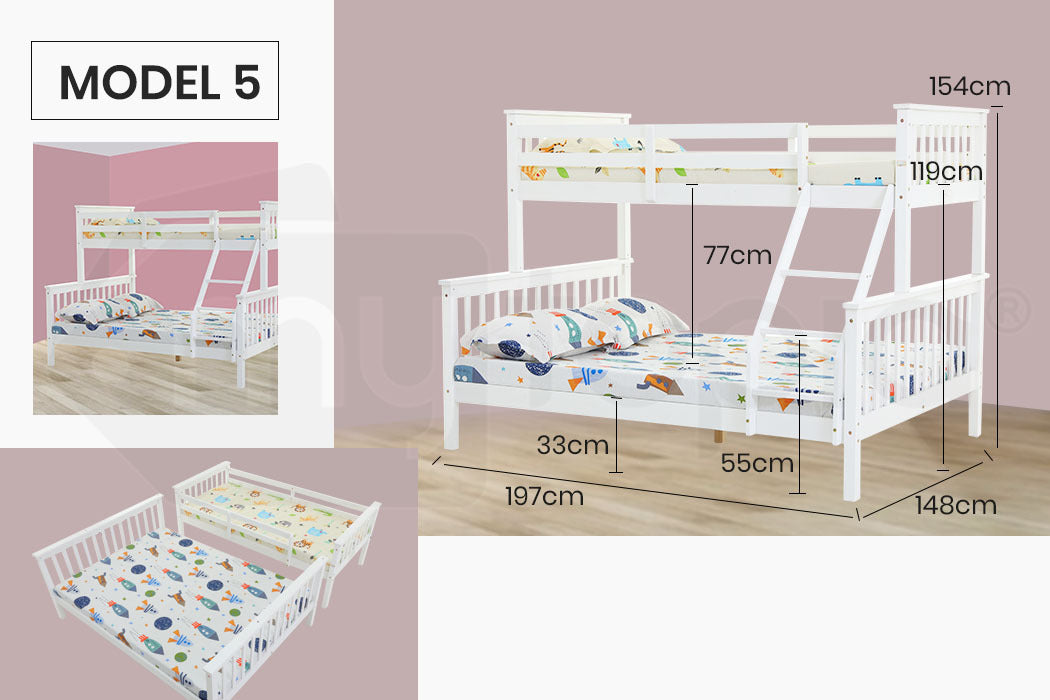 Kingston Slumber 2in1 Double Single Bunk Bed Kids Solid Timber Pine Beds Children Bedroom Furniture