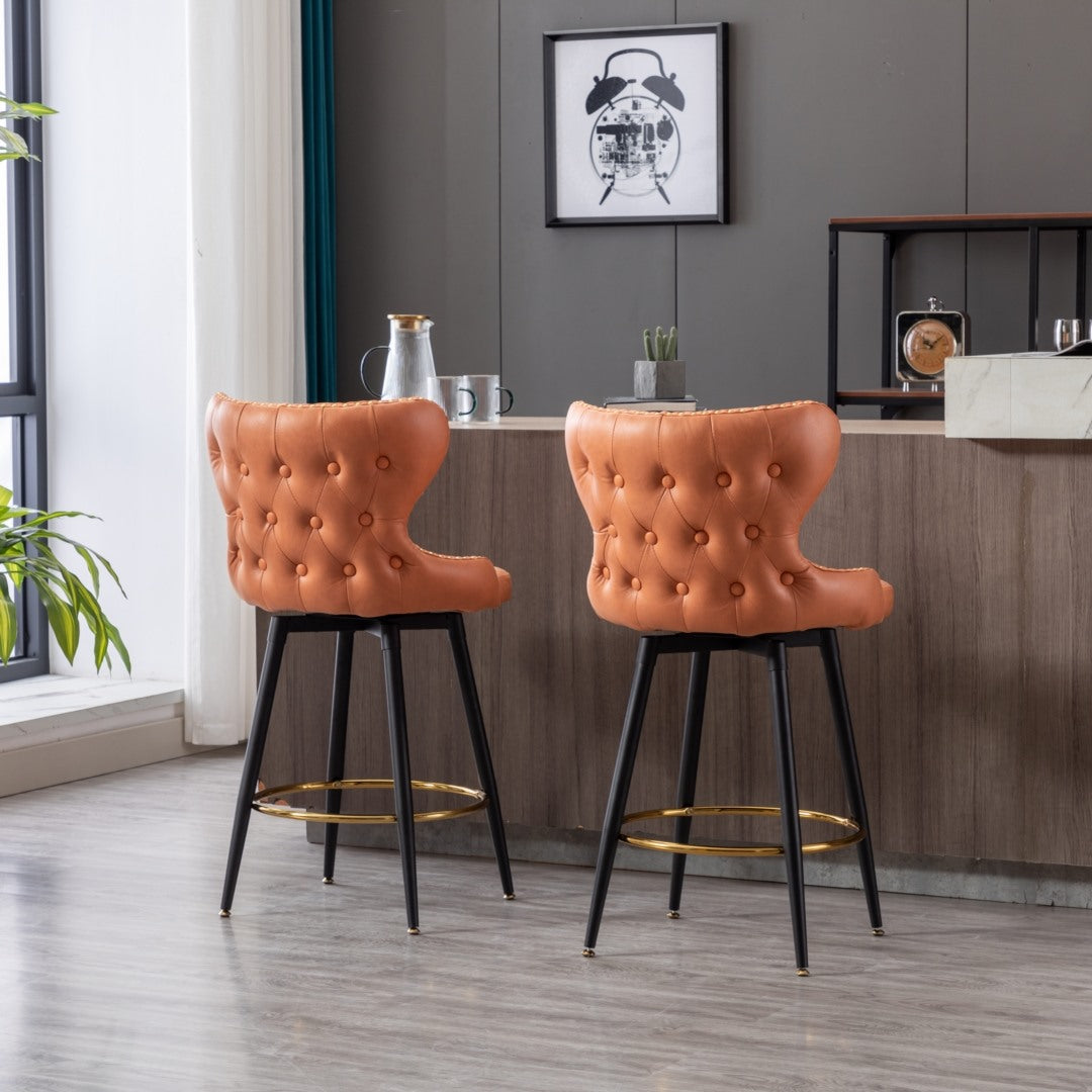 2x Swivel Bar Stools Tufted Counter Chairs with Stud Trim and Metal Base-Orange