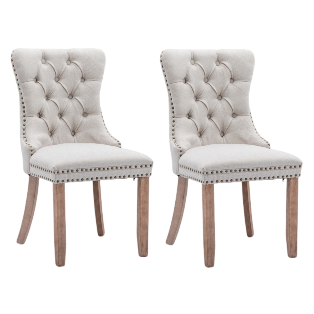 AADEN Modern Elegant Button-Tufted Upholstered Linen Fabric with Studs Trim and Wooden legs Dining Side Chair-Beige