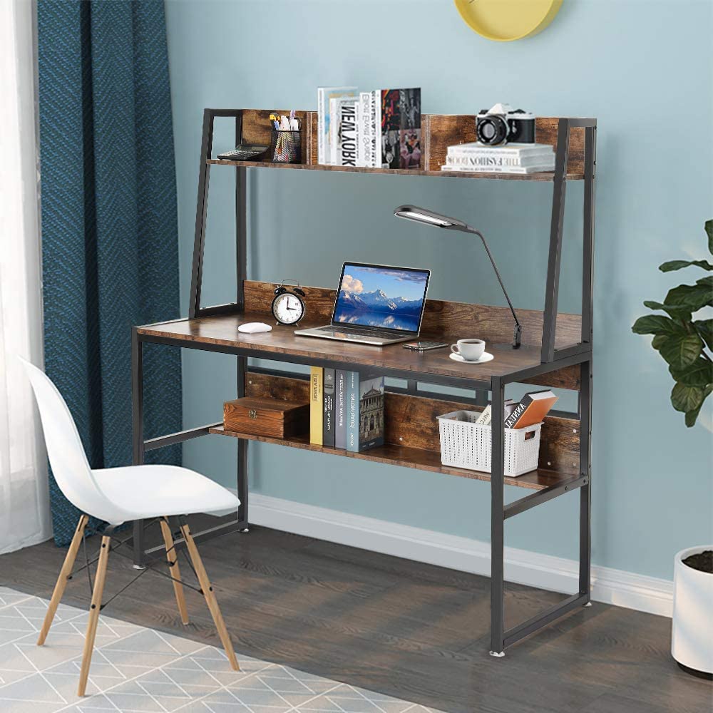 Computer Table Desk Book Storage Student Study Home Office Workstation with Bookshelf (Rustic Brown)