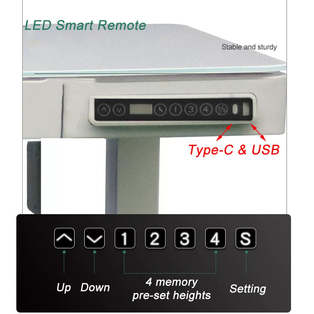 Standing Desk Electric Height Adjustable Sit Stand Toughened Glass Top Single Motor Wireless Charger