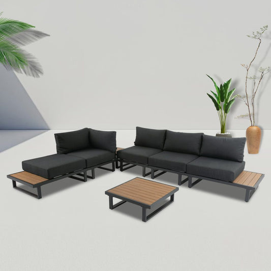 Modern Outdoor 7 Piece Lounge Set with Slatted Polywood Design Tables