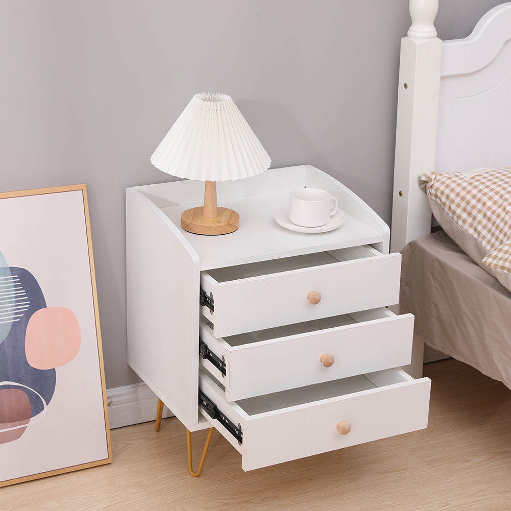 Winston 3 Drawer Nightstand Bedside Table with Gold Steel Legs Tray Top White