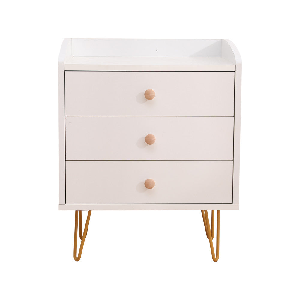 Winston 3 Drawer Nightstand Bedside Table with Gold Steel Legs Tray Top White