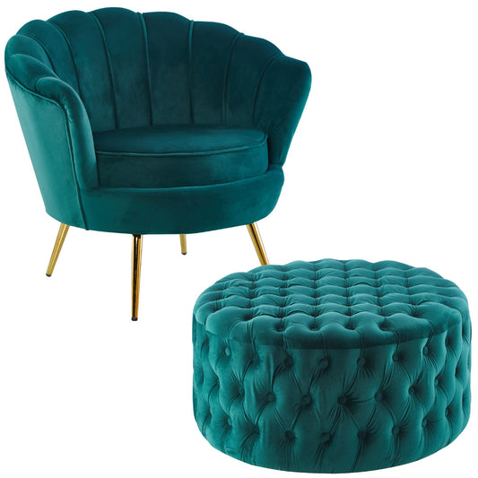 Bloomer Velvet Fabric Accent Sofa Love Chair Round Ottoman Set - Green