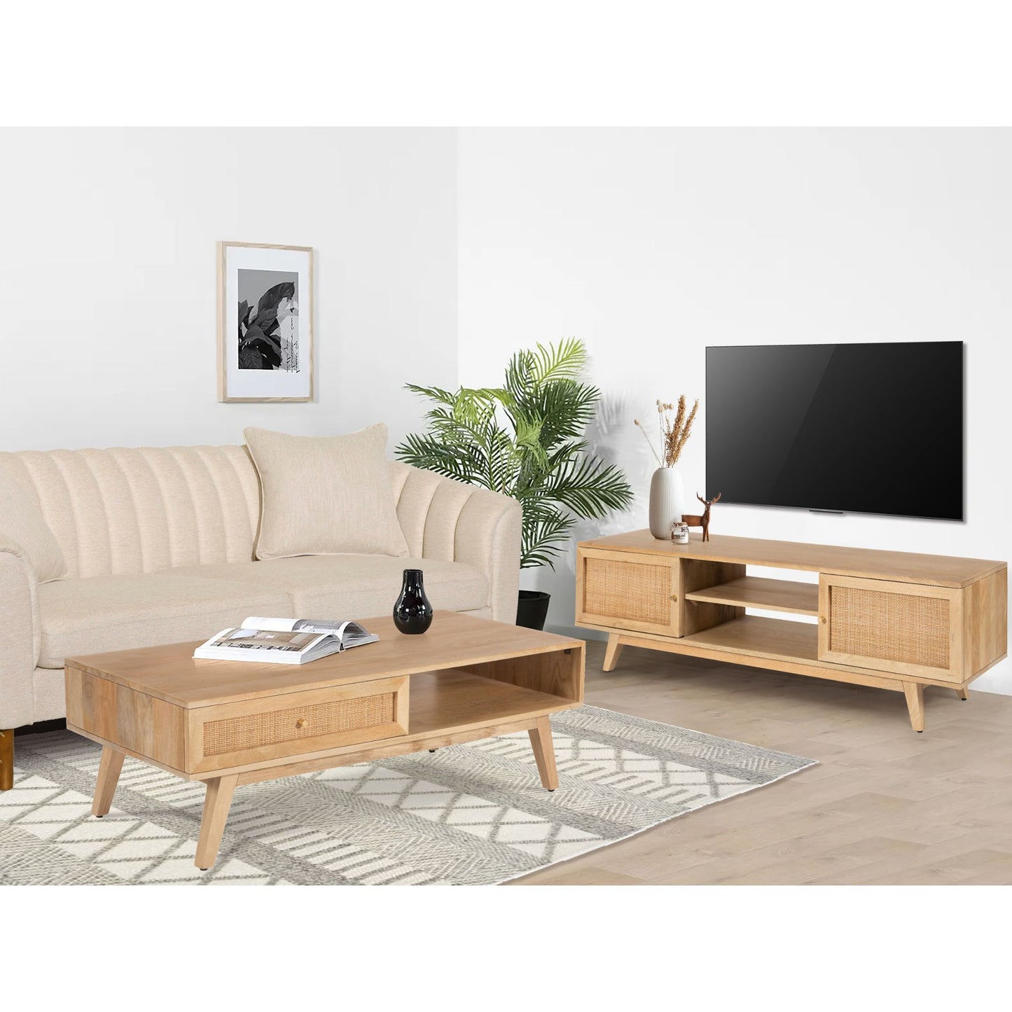 Olearia  ETU Entertainment TV Unit 150cm Solid Mango Wood Rattan 2 Door Natural