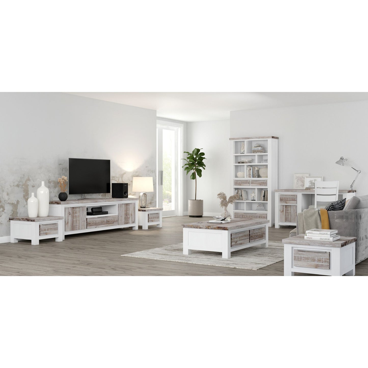 Plumeria ETU Entertainment TV Unit 176cm 2 Door Solid Acacia Timber -White Brush