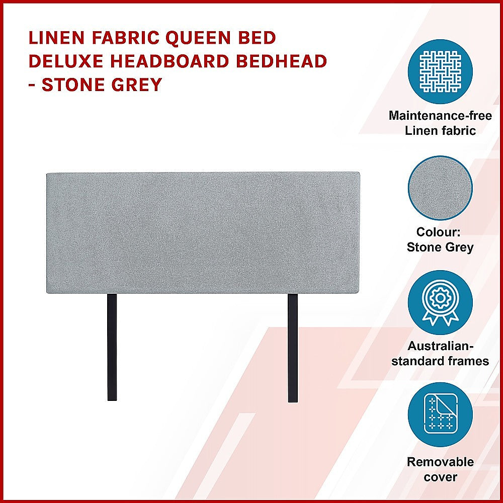 Linen Fabric Queen Bed Deluxe Headboard Bedhead - Stone Grey