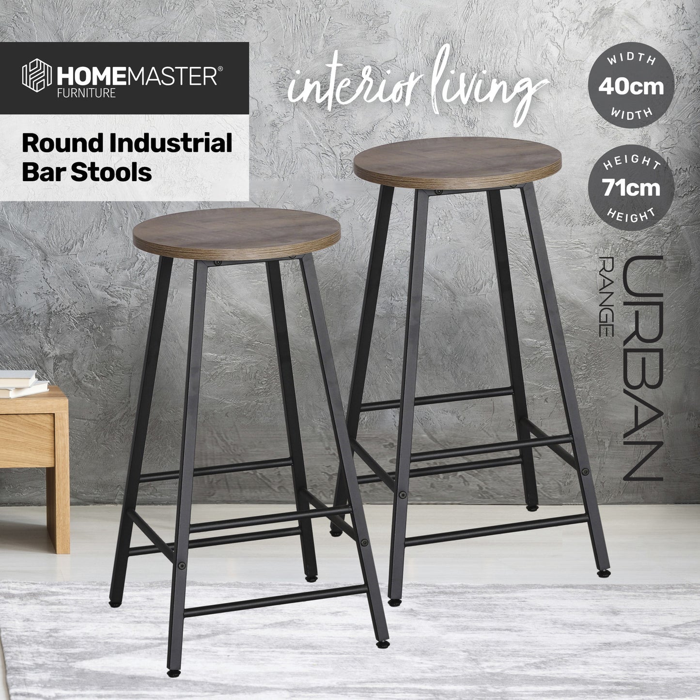 Home Master 2PCE Bar Stools Round Neo Industrial Designed Stylish Modern 71cm