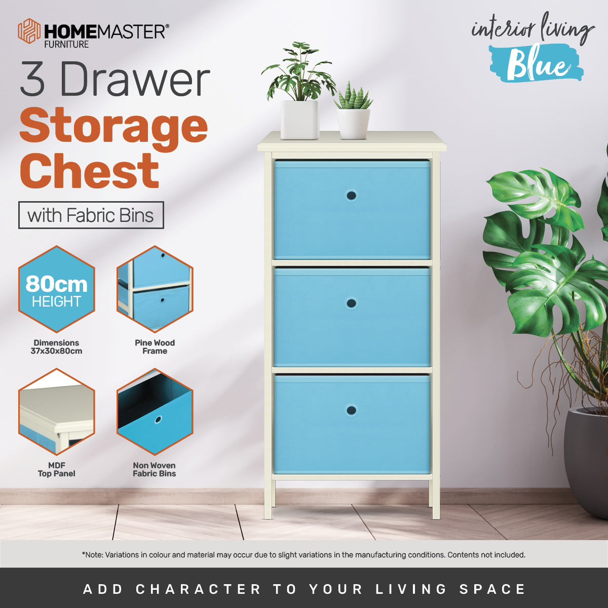 Home Master 3 Drawer Pine Wood Storage Chest Sky Blue Fabric Baskets 37 x 80cm