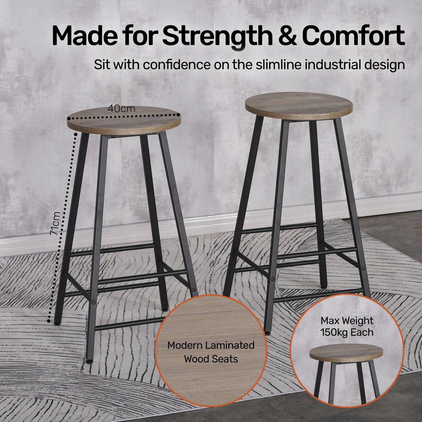 Home Master 2PCE Bar Stools Round Neo Industrial Designed Stylish Modern 71cm