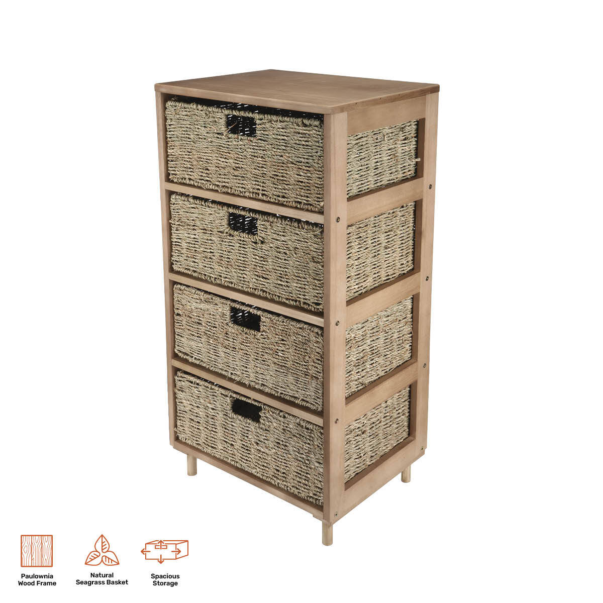 Home Master 4 Drawer Natural Seagrass Wooden Storage Chest Stylish 85cm