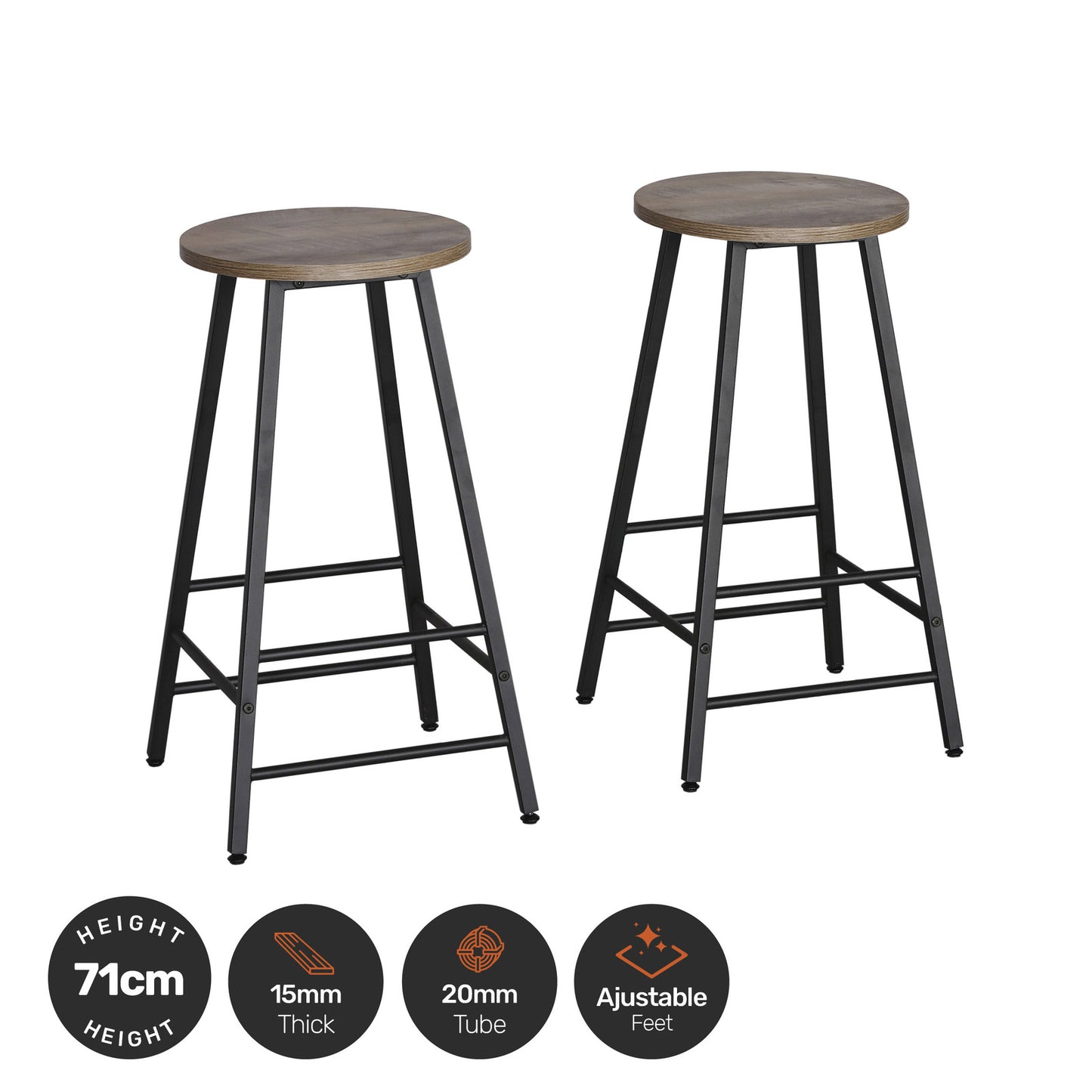 Home Master 2PCE Bar Stools Round Neo Industrial Designed Stylish Modern 71cm